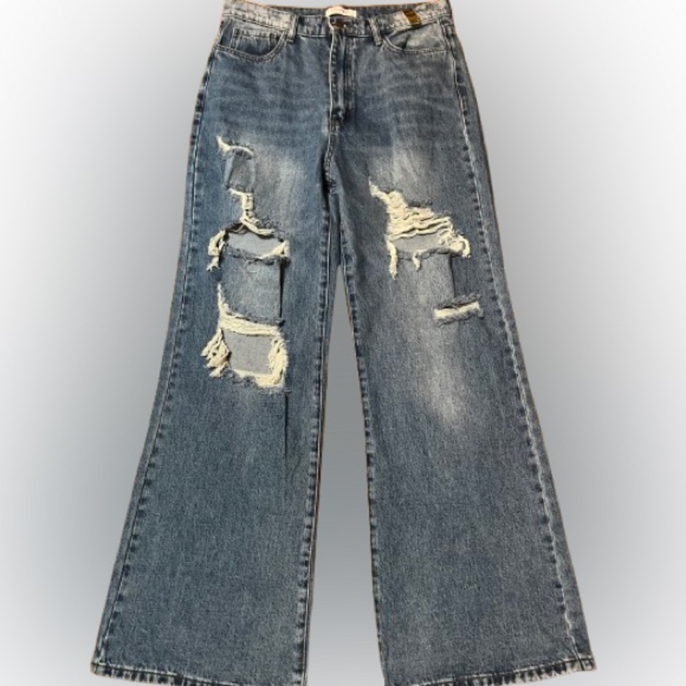 NWT Vibrant MIU  Blue Distressed Denim Wide Leg Women's Jeans Size 30